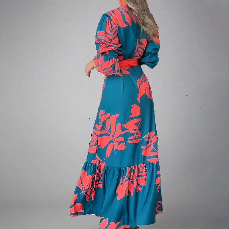 Dress for women – Maxi dress – V-neckline – Puff sleeves – Belt – Bold pattern