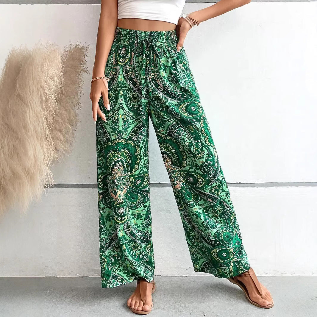 Women's Pants – Wide Leg – Elastic Waist – Breathable Lightweight Material – Bohemian Print