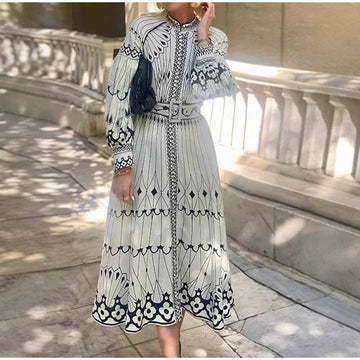Elegant Belted Long Sleeve Midi Dress