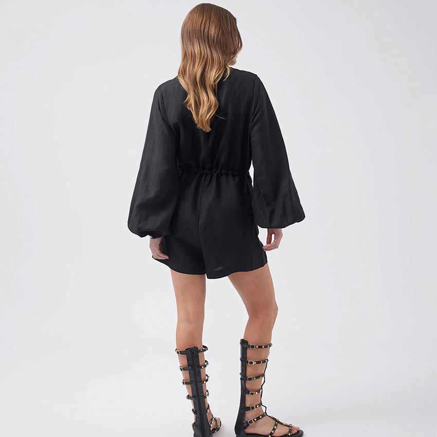 Women's Romper – Cotton Linen Blend – Relaxed Fit – Button Closure – Drawstring Waist