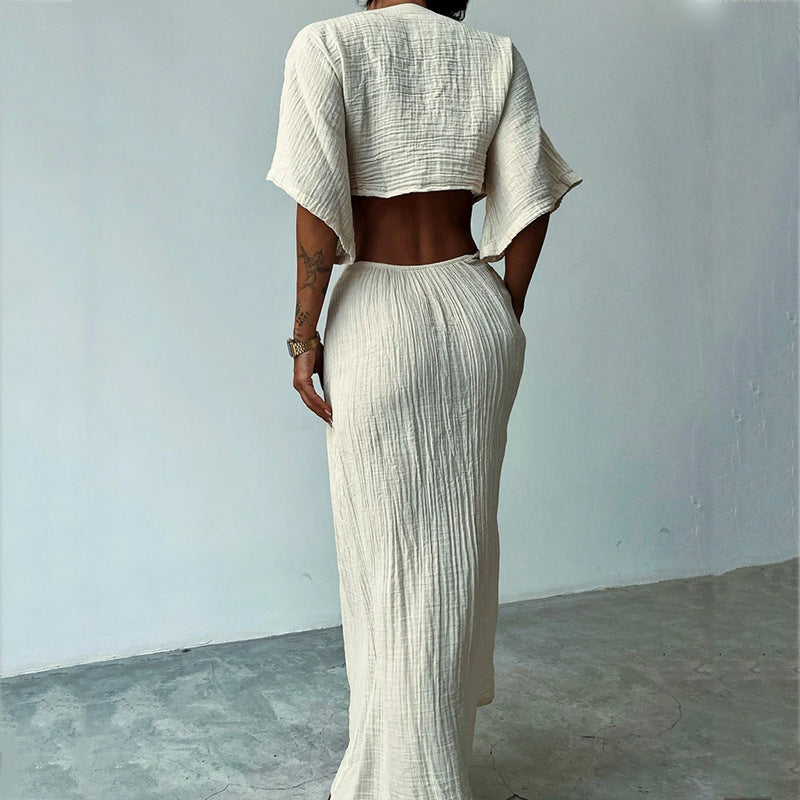 Dress for women – Maxi – Slim fit – V-neck – Waist cutout – Open back