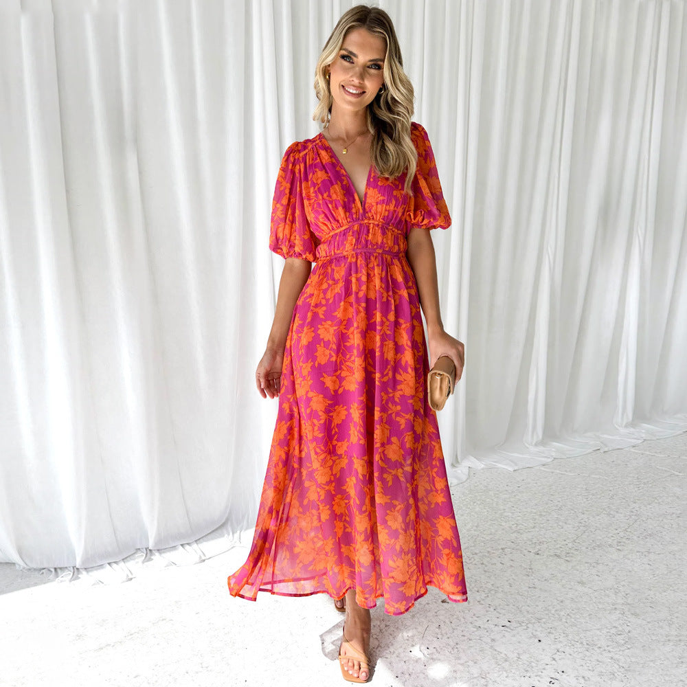 A-Line V-Neck Voluminous Sleeve Maxi Dress