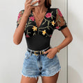 Women's Bodysuit – Slim Fit – V-Neck – Mesh Sleeves with Floral Embroidery