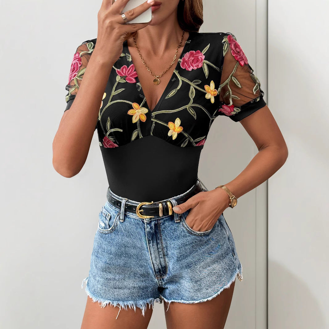 Women's Bodysuit – Slim Fit – V-Neck – Mesh Sleeves with Floral Embroidery