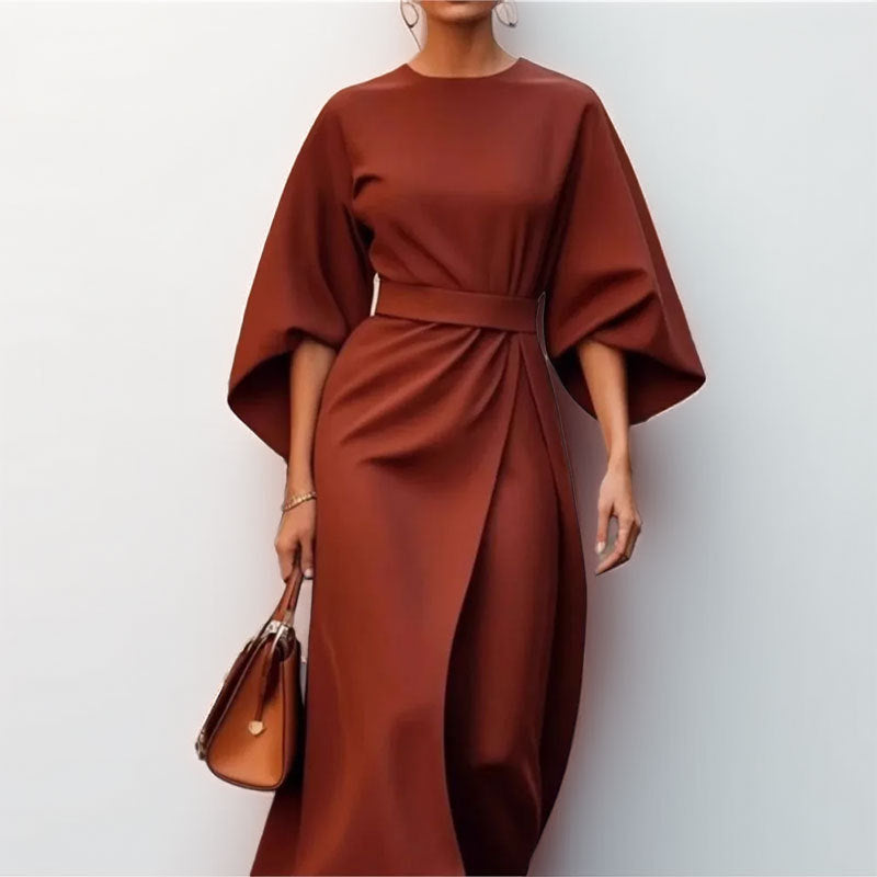 Long Fitted Waist Batwing Sleeve Dress
