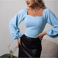 Women's Long-Sleeved Top – Slim Fit – Stretch Fabric – Square Neck – Puff Sleeves