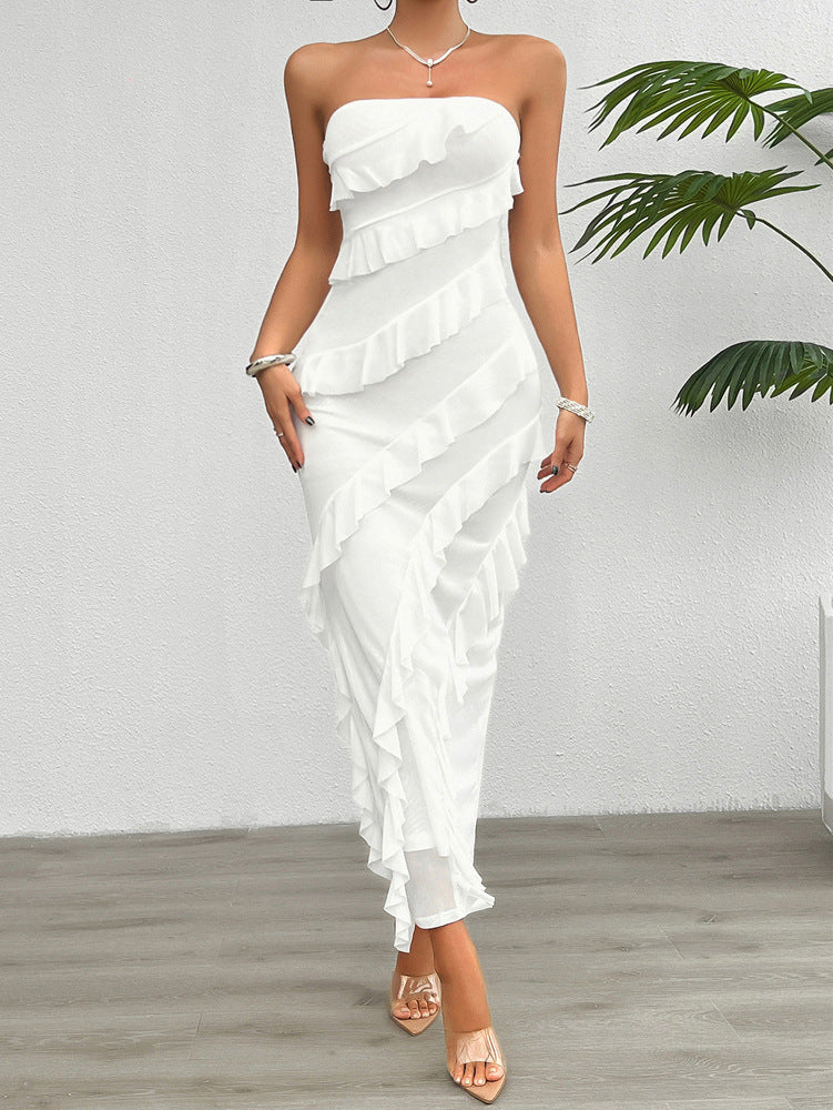 Dress for Women – Strapless – Tailored – Ankle-Length – Asymmetric Ruffle Details