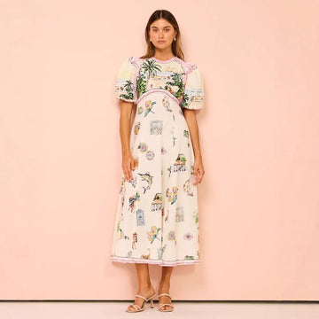 Artistic Print Puff Sleeve A-Line Dress