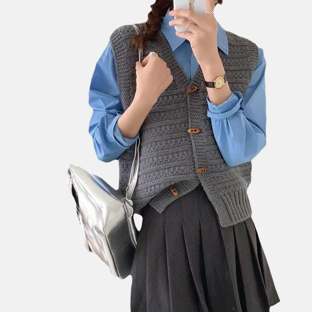 Women's Vest - Knitted Button Front - V-Neck - Cozy Layer