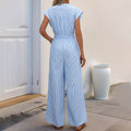 Women's Jumpsuit – V-Neck – Wide Leg – Tie Belt – Striped – Short Sleeve – Lightweight
