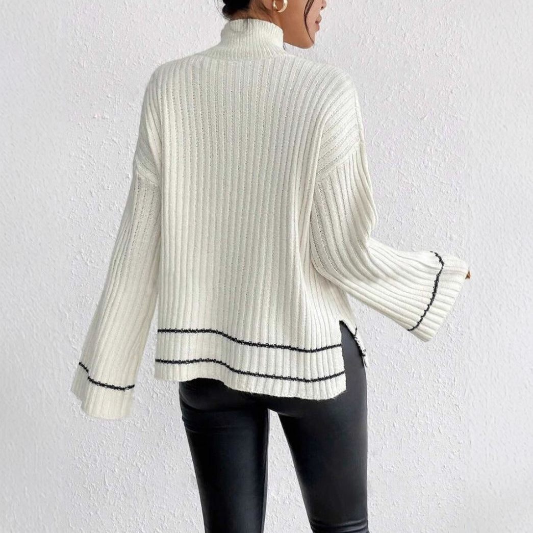 Women's Knit Sweater – Oversized Fit – Ribbed Texture – High Neck – Long Sleeves