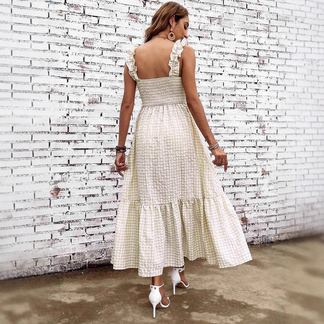 Women's A-line Dress – Smock Top – Spaghetti Straps – Checkered Maxi Skirt