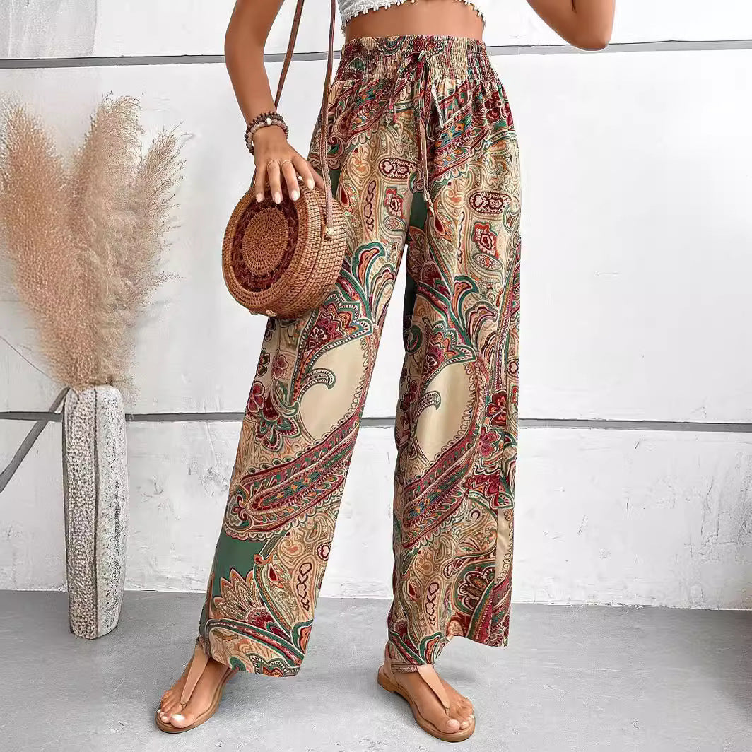 Boho Print Lightweight Relaxed Wide-Leg Pants