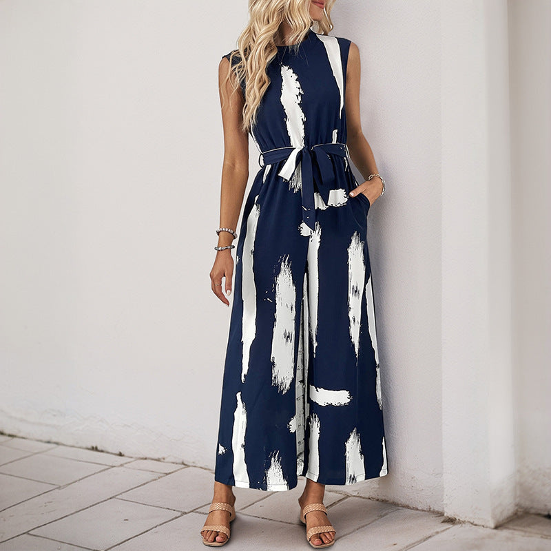 Light Printed Wide Leg Waist Tie Jumpsuit