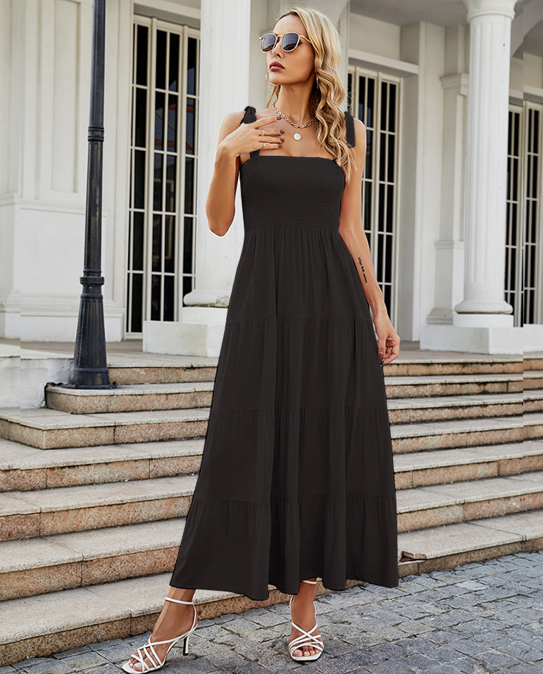 Women's Maxi Dress – Smocked Bodice – Tie Straps – A-line Cut – Tiered Skirt