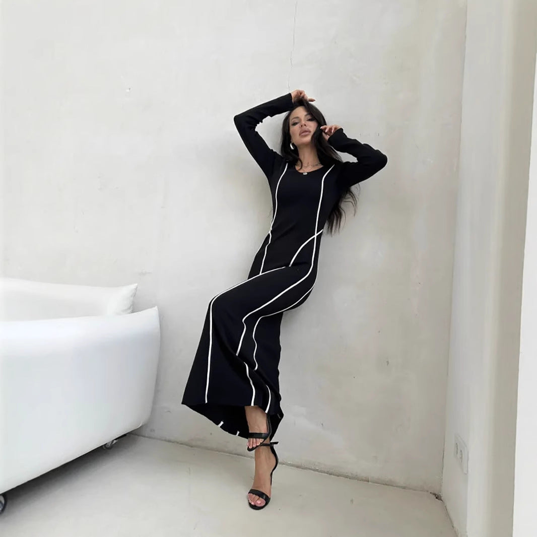 Contrast Lines Bodycon Long Sleeve Dress