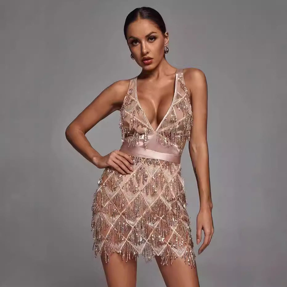 Deep V-Neck Sequin Fringe Midi Dress