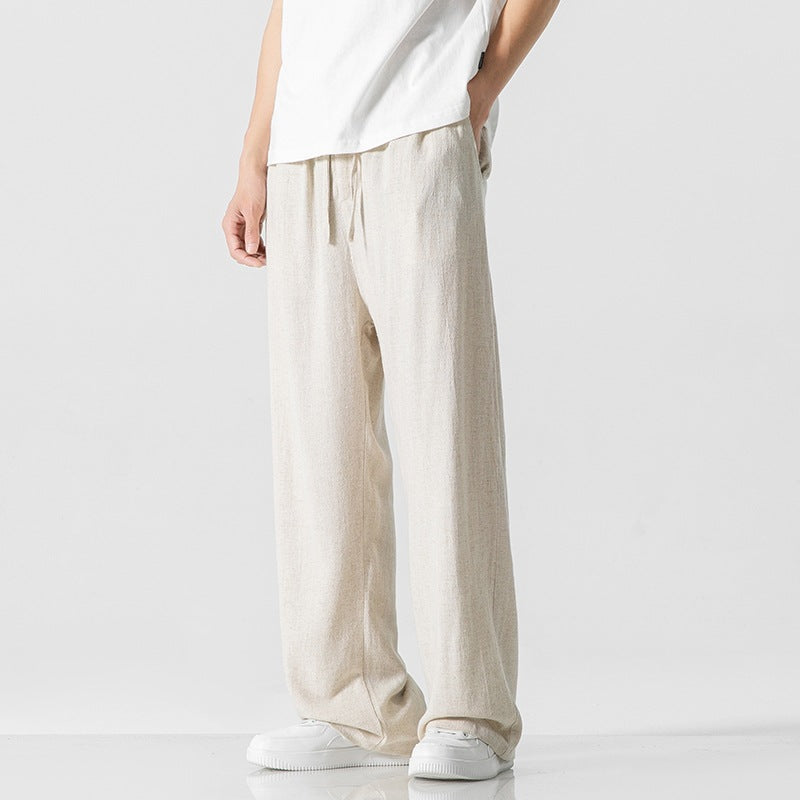 Men's Trousers – Linen Blend – Loose Fit – Drawstring Closure – Full Length