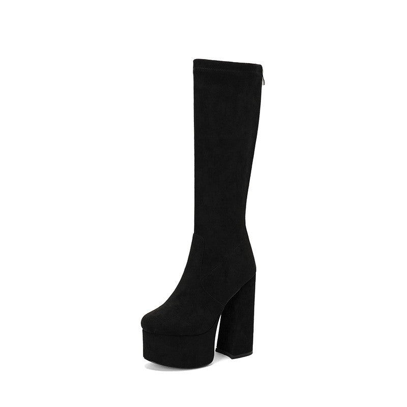 Women's Boots – Knee-High – Tailored Fit – Suede – Chunky Heel – Platform – Back Zipper