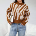 Women's Knit Sweater – Relaxed Fit – Animal Print – Round Neck – Soft and Warm