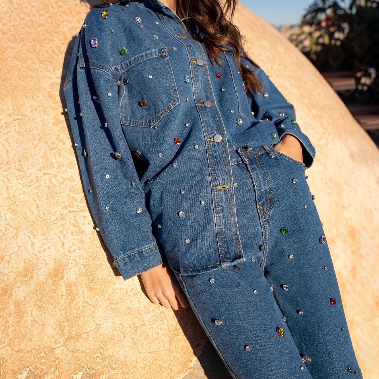 Women's Denim Set – Oversized Jacket – Extra Wide Pants – Decorated Relaxed Fit