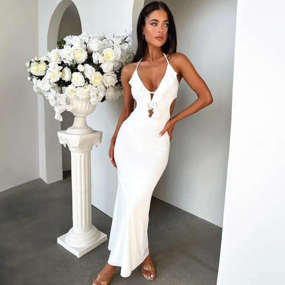 Women's Maxi Dress – Slim Fit – Ruched Neckline – Front Slit – Adjustable Straps