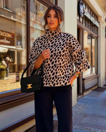 Leopard Print Loose Fit High Neck Sweater