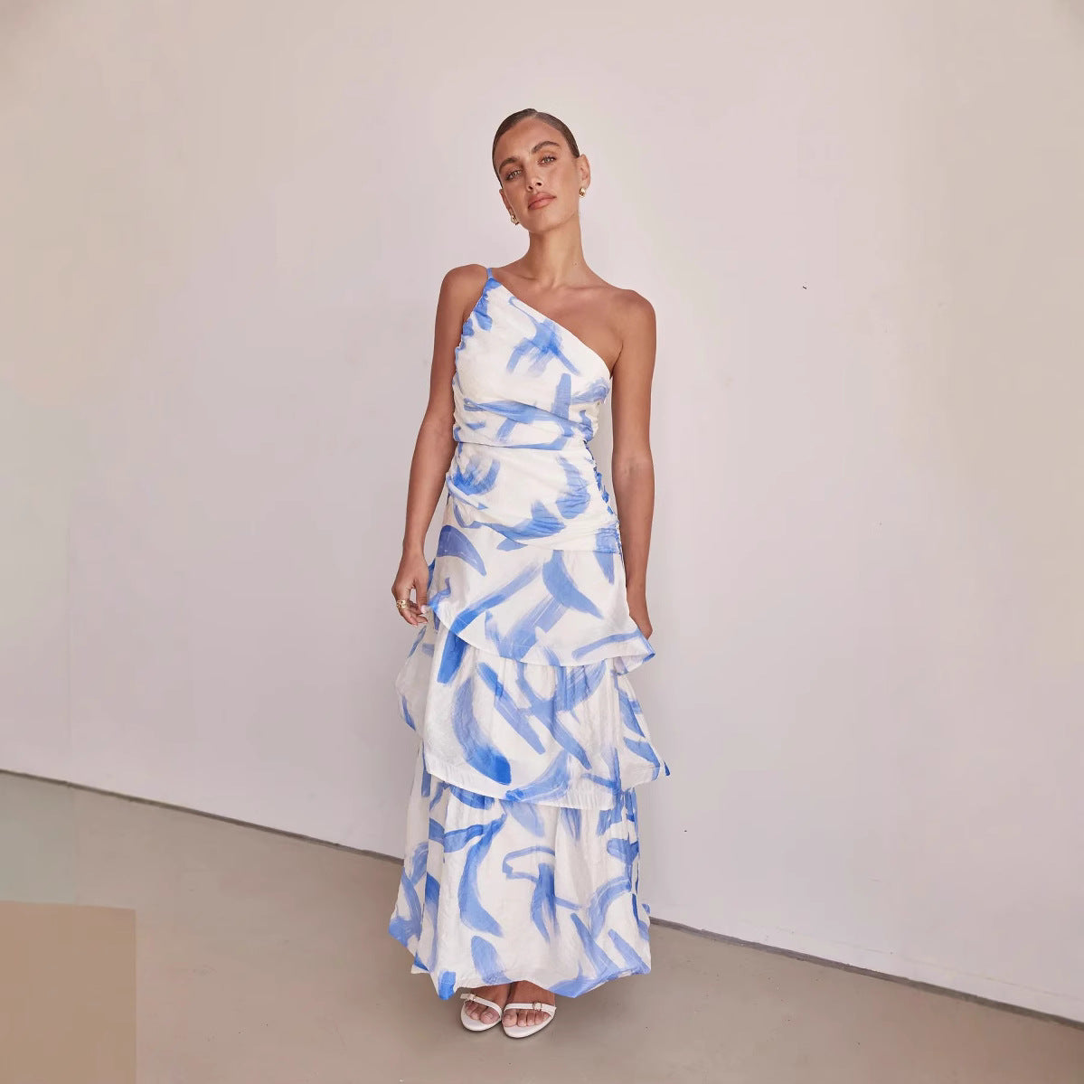 Women's maxi dress – asymmetrical shoulder – ruched top – layered A-line skirt