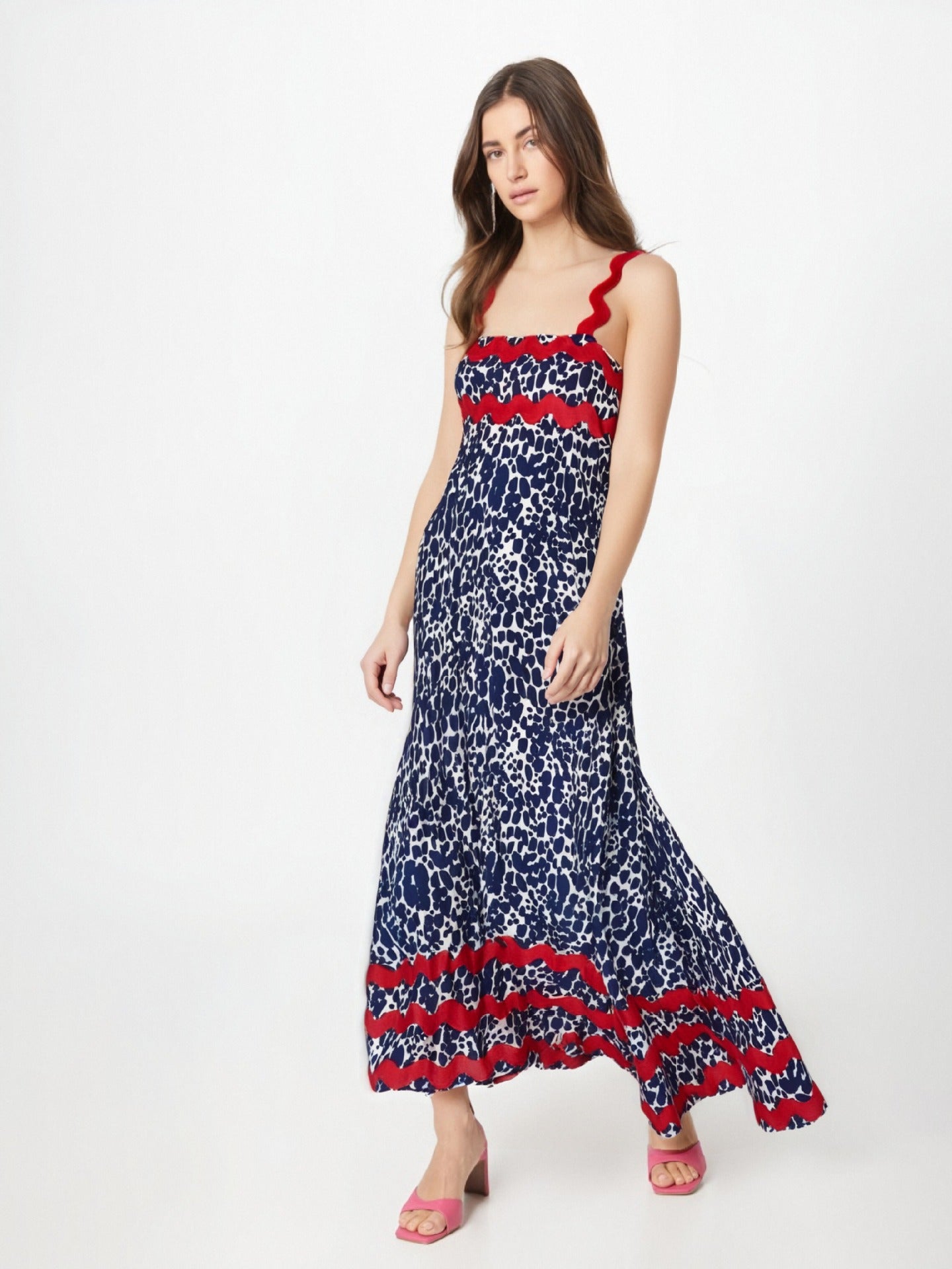 Women's Maxi Dress – Lightweight Material – Floral Print – Wavy Strap and Edge