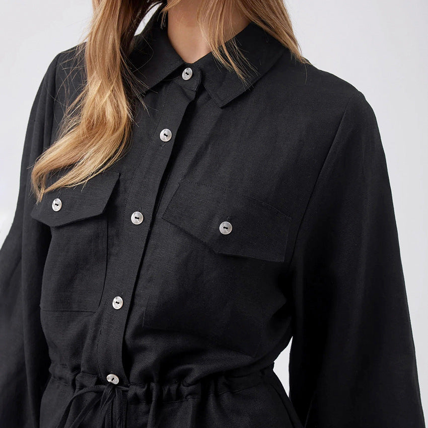 Women's Romper – Cotton Linen Blend – Relaxed Fit – Button Closure – Drawstring Waist