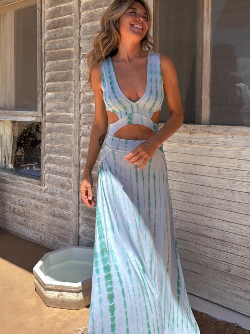 Dress for Women – Maxi Dress – Slim Fit – V-Neckline – Waist Cutouts – Lightweight Fabric