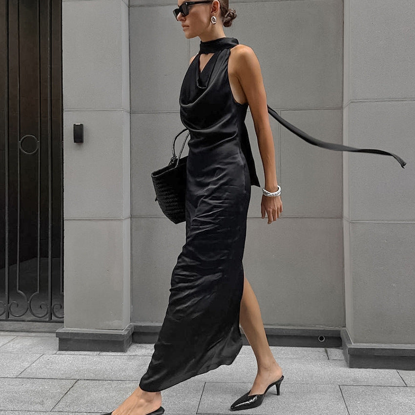 Satin Halterneck Draped Slim Evening Dress