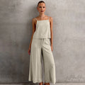 Women's Set – Sleeveless Top and Wide Pants – Cotton Linen – Relaxed Fit – Drawstring Waist