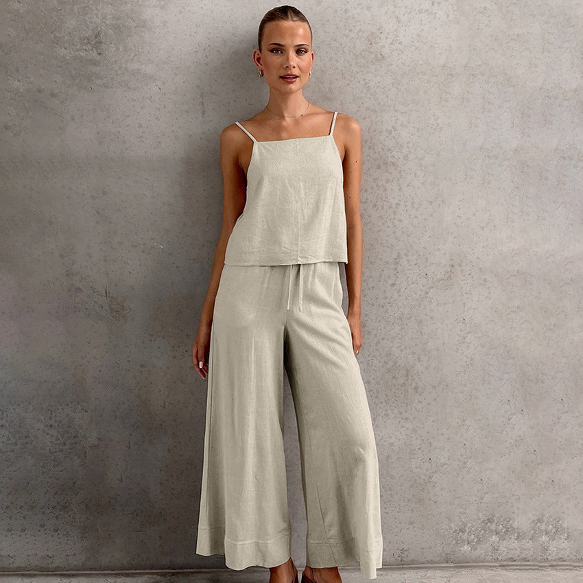 Women's Set – Sleeveless Top and Wide Pants – Cotton Linen – Relaxed Fit – Drawstring Waist
