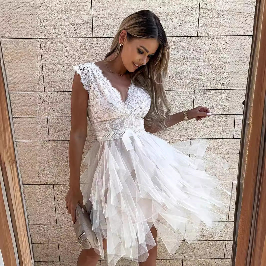 Lace Tulle Sleeveless V-Neck Dress