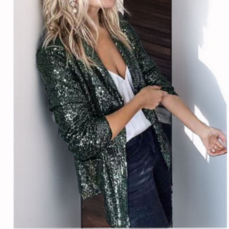 Women's Blazer – Sequin Coating – Tailored Fit – Open Front and Long Sleeves