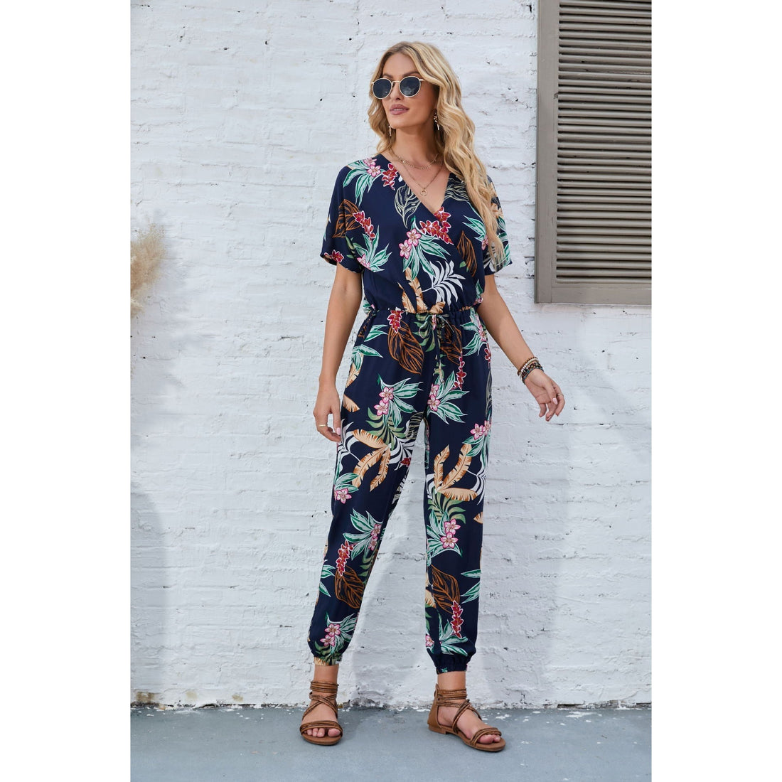 Floral Print Elastic Waist V-Neck Jumpsuit