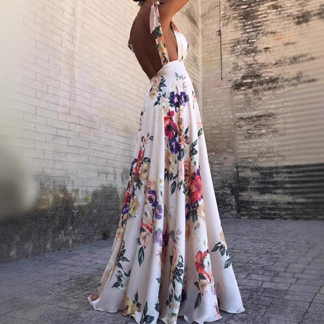 Women's Maxi Dress – A-line Fit – Floral Print – V-neckline – Sleeveless Backless