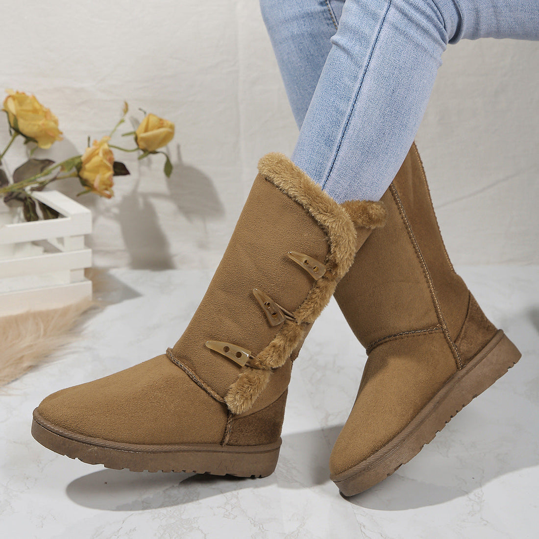 Faux Suede Faux Fur Trim Mid-Calf Boots