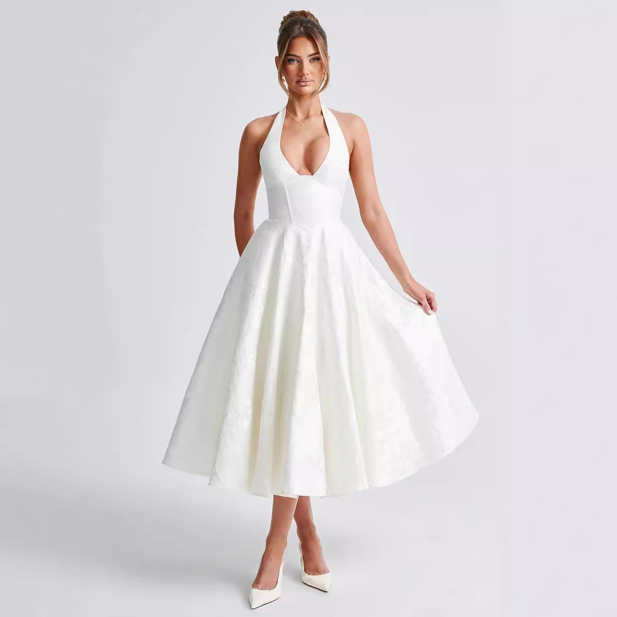 Dress for Women – Halterneck – Jacquard – V-neck – Tie Band – Ruffled Maxi Fit