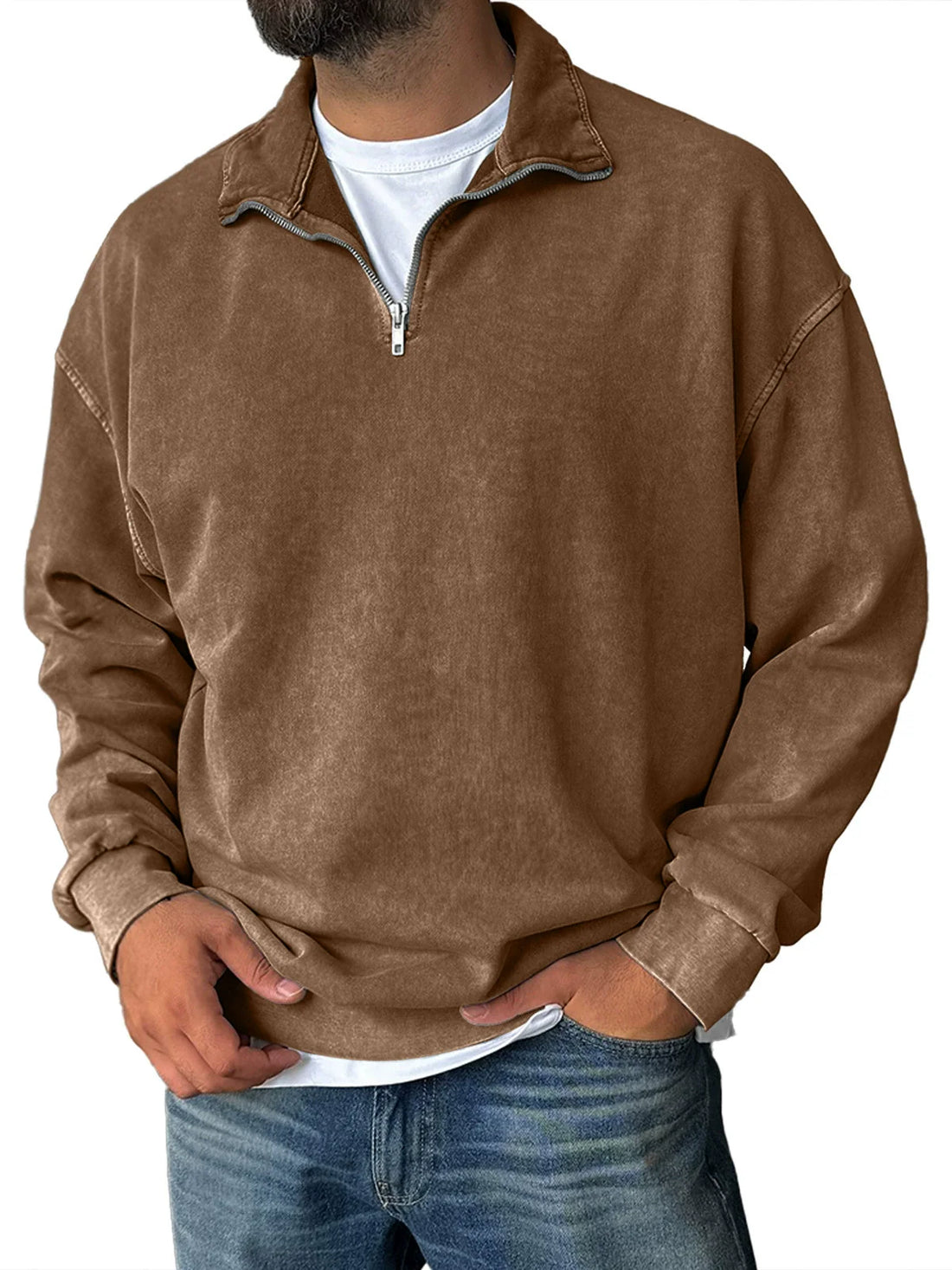 Relaxed Fit Half Zip Stand Collar Sweatshirt