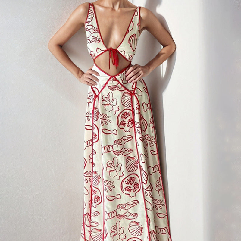 Women's maxi dress – light cotton feel – V-neck with cutout – spaghetti straps – relaxed fit