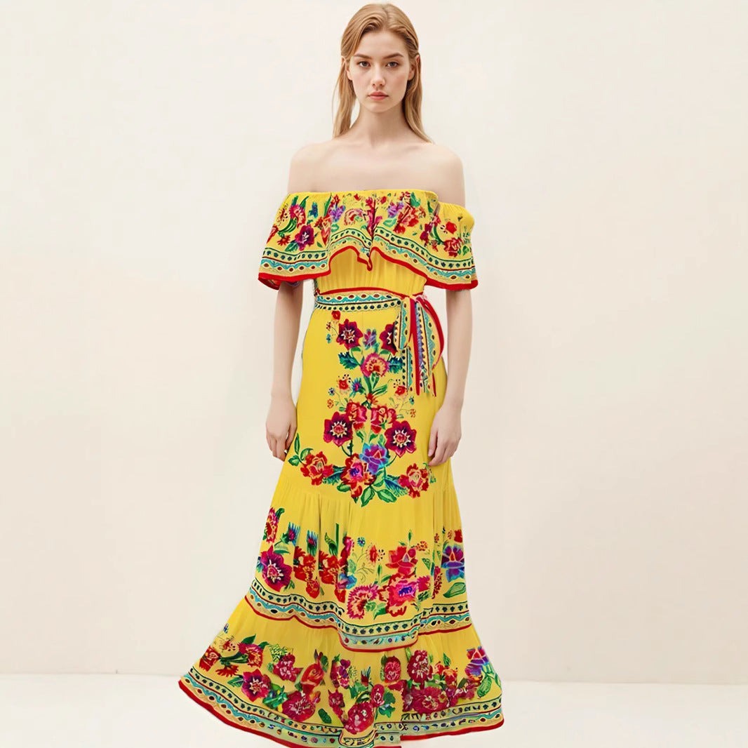 Off-Shoulder Floral Ruched Maxi Dress