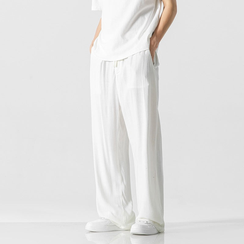 Men's Trousers – Linen Blend – Loose Fit – Drawstring Closure – Full Length