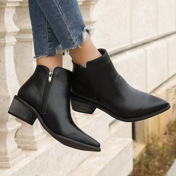 Faux Leather Pointed Toe Block Heel Ankle Boots