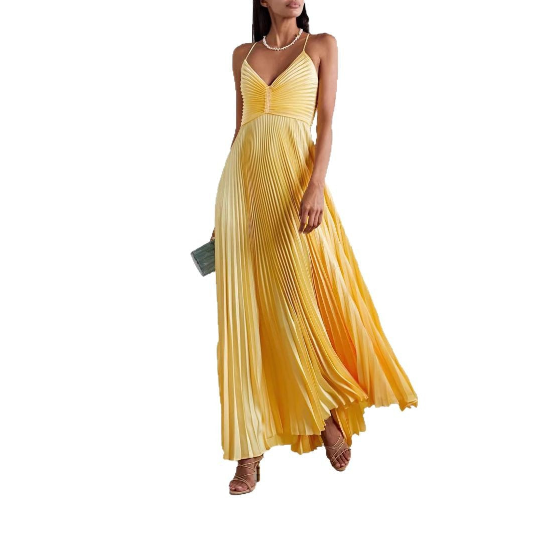 Dress for women – Maxi length – V-neck – Pleated chiffon – Spaghetti straps
