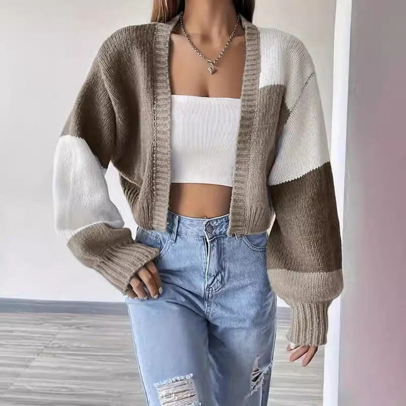 Women's Cardigan – Knit – Short Fit – V-Neck – Block Pattern – Casual Look