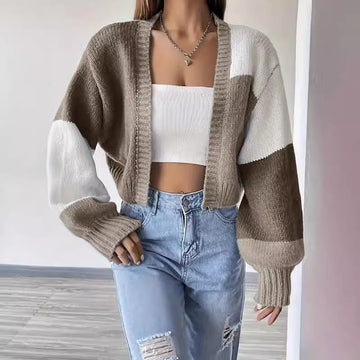 Block Pattern V-Neck Knit Cardigan