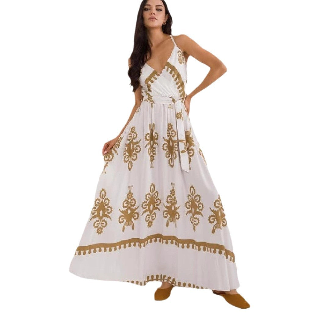 Women's Maxi Dress – Light Cotton – Sleeveless – V-Neck – Empire Waist – Printed Design