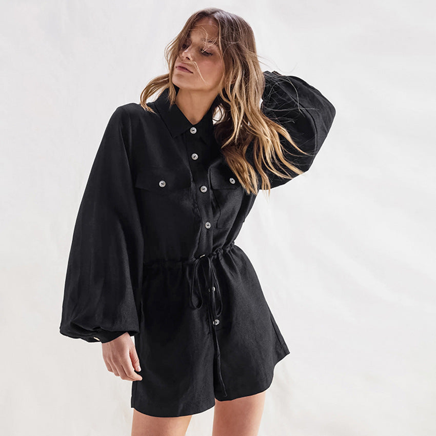 Women's Romper – Cotton Linen Blend – Relaxed Fit – Button Closure – Drawstring Waist